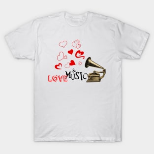 Music & Love, Retro Style Illustration T-Shirt